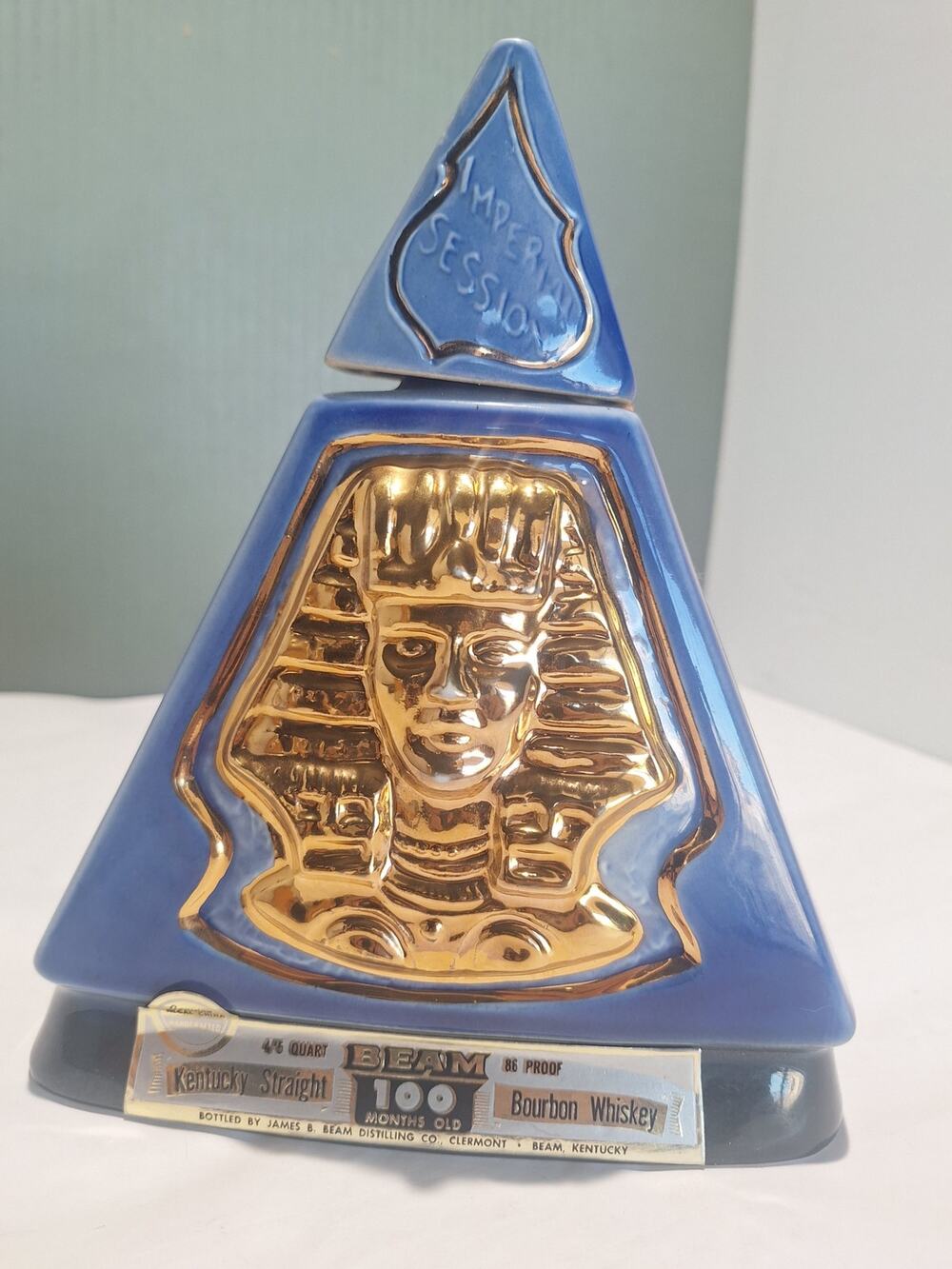 1970 Jim Beam Imperial Session Indiana Decanter Blue Pyramid Empty Tax Stamp